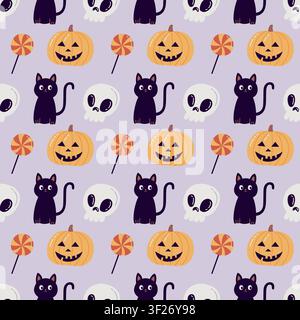 Halloween seamless pattern with black cat pumpkin skull and candy vector background for spooky holiday fabric design Stock Vector