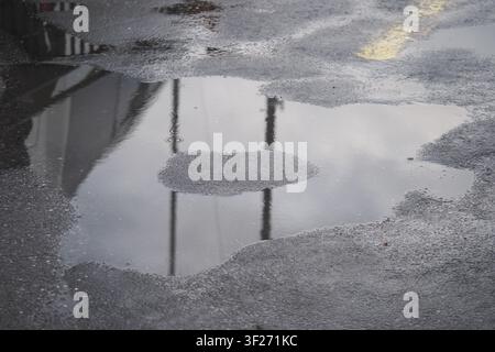 Reflection in a puddle on a rainy street Stock Photo