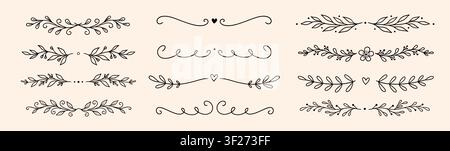 Line floral ornament leaf set. Hand drawn line floral ornament border vine doodle flower frame decor. Laurel olive divider flourish wreath botanical wedding garden vintage. Vector illustration Stock Vector