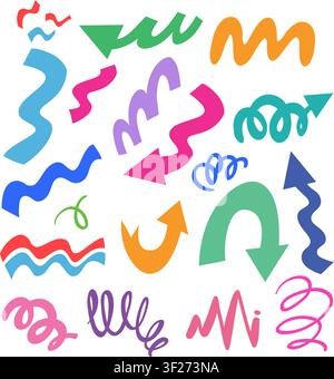 Vibrant collection of playful hand-drawn arrows and wavy lines in a flat vector style Stock Vector