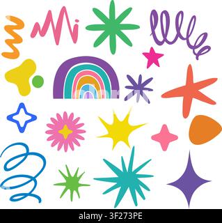 Vibrant hand-drawn vector doodles including rainbows and stars on a plain white background Stock Vector