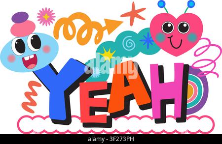 Vibrant vector illustration with bold lettering, cheerful characters, and whimsical hand-drawn doodle elements Stock Vector