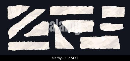 Scrapbook jagged edges torn paper set. Wrinkled paper strip piece collection. Crumpled elements and shapes for sticker, collage, text box, banner, poster. Vector blank textured ripped fragment sheet Stock Vector