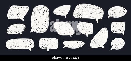 Crayon speech bubble doodles on chalkboard. White hand drawn dialog boxes on blackboard. Rough sketched comic talk frames. Scribbled balloon text box bundle. Vector pastel chalk pencil chat cloud pack Stock Vector