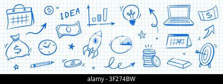 Business money doodle icon set. Hand drawn business money icon calendar with chalk doodle graph arrow finance. Marketing growth goal analytics rocket innovation elements. Vector illustration Stock Vector