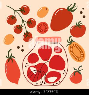 Fresh Tomato Harvest Set with Pickled Tomatoes in Glass Jar Stock Vector