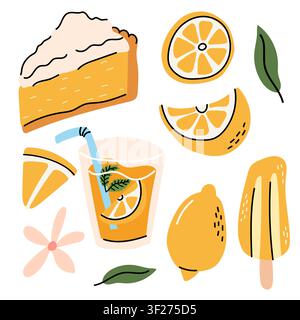 Hand Drawn Lemon Dessert and Drinks Set with Pie and Lemonade Stock Vector