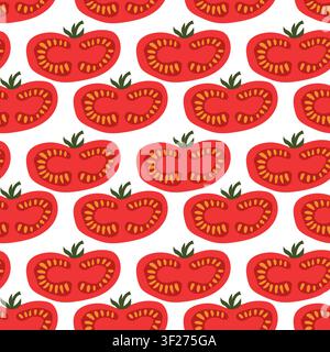 Fresh Red Tomato Slice Seamless Pattern Healthy Vegetable Background Stock Vector