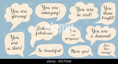 Cute Speech Bubbles with Compliment Phrases and Inspiring Positive Text Stock Vector