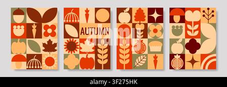 Autumn Geometric Poster Set with Abstract Folk Art Fruit and Leaves Stock Vector