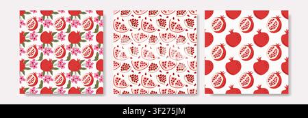 Pomegranate Seamless Pattern Set with Fresh Fruit Slices and Flowers Stock Vector