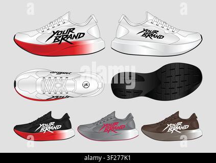 Modern Running Shoe Design Concept Collection with Multi-Angle Product Presentation, Breathable Mesh Upper, Rubber Outsole Pattern and Custom Branding Stock Vector