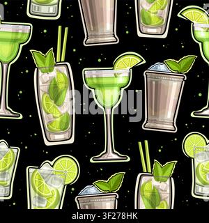 Vector Mocktails Seamless Pattern, square repeating background with set of illustration green refreshing mocktails for night club menu, flat lay non-a Stock Vector