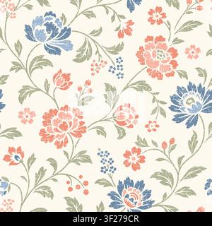 Decorative chintz-inspired floral design, stylized Jacobean flowers, leaves. Seamless vector pattern, hand-drawn aesthetic evokes classic textile prin Stock Vector