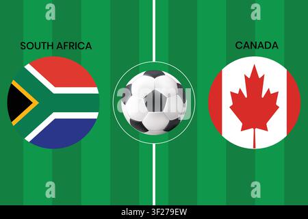 South Africa vs Canada football match concept with national flags on green soccer field, perfect for sports event promotions and match day banners. Stock Vector
