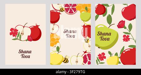 Three Shana Tova greeting cards with apples, pomegranates, honeycomb, bees, and flowers on beige background Stock Vector