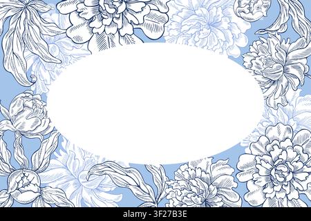 Oval frame with peony flowers. Vector, graphic illustration in blue. Hand-drawn. On a white background. For postcards, invitations, greetings, and Stock Vector