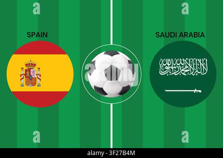 Spain vs Saudi Arabia football match concept with national flags on green soccer field, perfect for sports event promotions and match day banners. Stock Vector