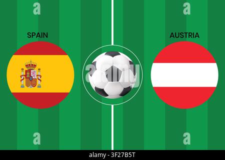 Spain vs Austria football match concept with national flags on green soccer field, perfect for sports event promotions and match day banners. Stock Vector