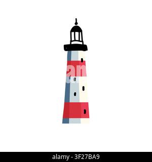 Tall red and white striped lighthouse, flat vector illustration Stock Vector