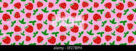 Cute Strawberry Seamless Pattern with Green Leaves on Pink Stock Vector
