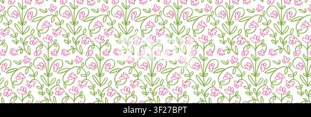 Cute Pink Floral Seamless Pattern with Green Botanical Vines Stock Vector