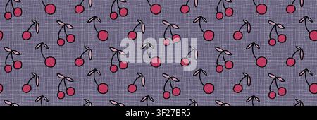 Hand Drawn Cherry Seamless Pattern on Textured Purple Background Stock Vector