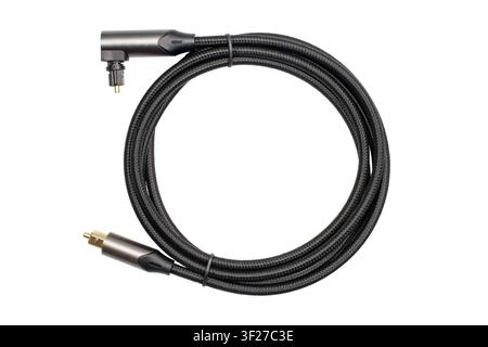 Modern optical audio cable with metal connectors. Audio cable on braided on a white background. Stock Photo