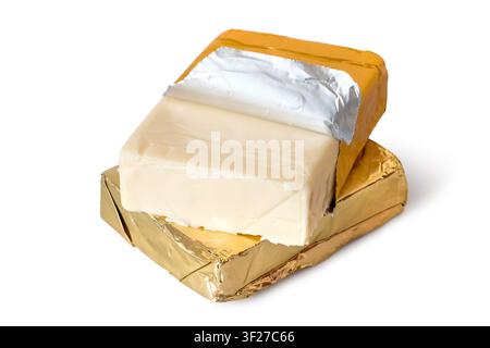 Rectangular processed cheese in a foil package. Processed cheese isolated on white background Stock Photo
