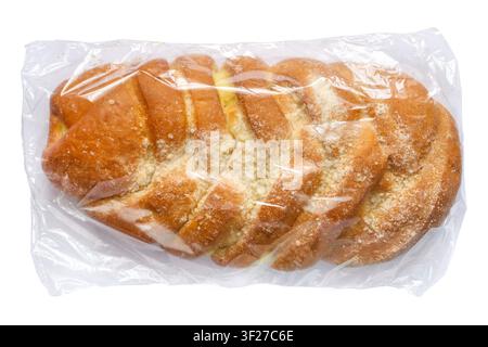 Sweet bun with filling in plastic packaging. Packaged Bread on a White Background Stock Photo