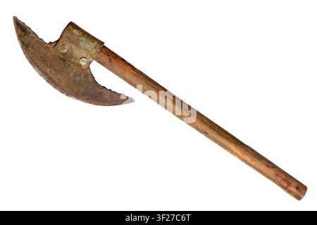 An old semicircular axe isolated on a white background. Rusty Battle Axe with Wooden Handle Stock Photo