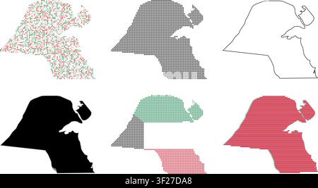 Kuwait map icons set. Collection of Kuwait country shapes with various textures and flags. Stock Vector