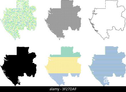 Gabon map collection. Set of various graphic designs for Gabon country borders. Stock Vector