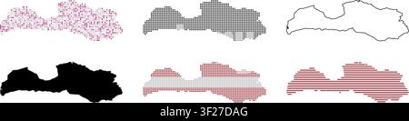 Latvia map icons set. Collection of Latvian country silhouettes with various textures. Stock Vector