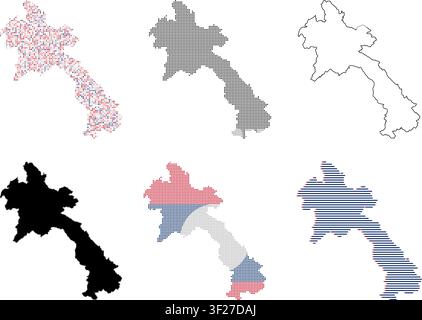 Laos map collection. Set of various graphic designs and silhouettes of Laos country. Stock Vector