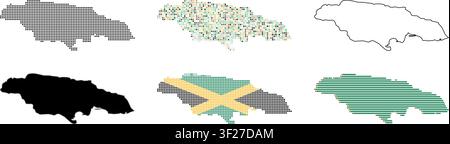 Jamaica map collection. Set of various graphic island silhouettes and design icons. Stock Vector