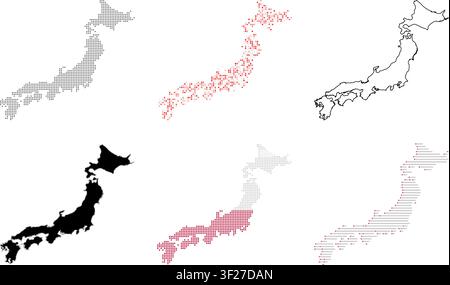 Japan map silhouettes collection. Set of various graphic island nation shapes. Stock Vector
