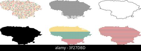 Lithuania map icons set. Collection of country silhouette shapes with national flag design. Stock Vector