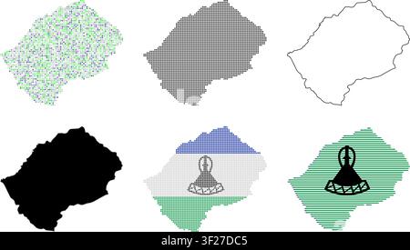 Lesotho map collection. Set of country silhouettes with flag patterns and halftone designs. Stock Vector