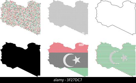 Libya map and flag icons. Collection of national symbols and geographic silhouettes. Stock Vector