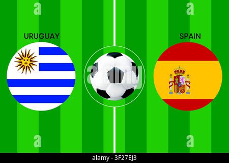 Uruguay vs Spain football match concept with national flags on green soccer field, perfect for sports event promotions and match day banners. Stock Vector
