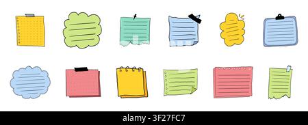 Memo sticky notes, set paper reminder. Doodle pages with tape, marks, pin, paperclip frames doodle style. Notebook bullet dairy list, funny retro drawing. Vector illustration Stock Vector