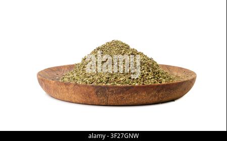 Dry thyme isolated, dried marjoram, oregano pile, ground crushed thyme seasoning, thyme leaves, rosemary herbs and spices on white background Stock Photo
