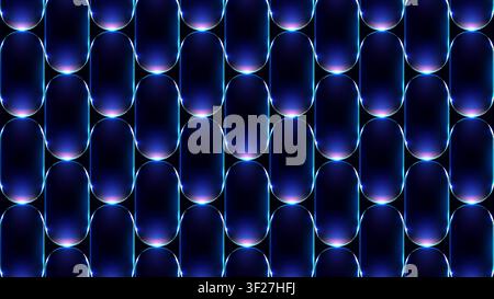 Abstract futuristic background with neon blue and purple glowing capsule pattern, 3D glassmorphism vertical rounded shapes on black backdrop for moder Stock Vector