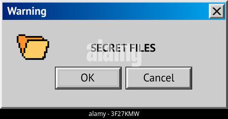 Retro computer warning popup window displaying secret files folder icon message Stock Vector