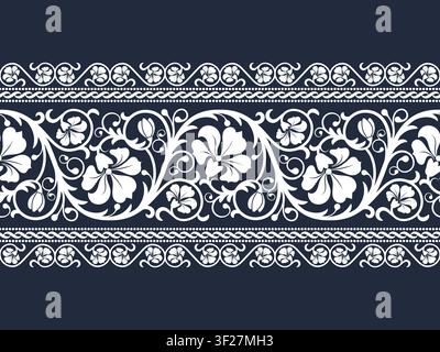 Elegant floral border pattern featuring classic flowers, ornate leaves, and decorative lace trims on a dark background. Great for textile and frame Stock Vector