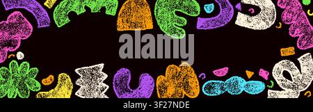 Colorful crayon border with dark back. Hand drawn kid simple shapes. Stock Vector