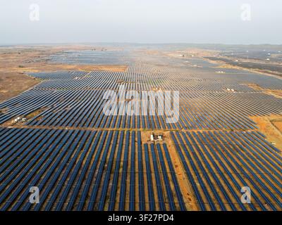 Massive Utility Scale Solar Power Plant Captured from Drone Above Stock Photo
