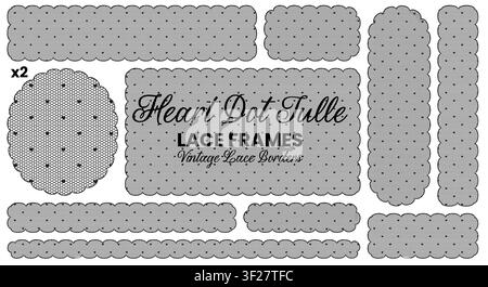 Black heart dotted tulle lace borders outline circle, rectangle, arch plus strip frames with scalloped mesh edges isolated on white background as romantic vintage decorative vector stationery set. Stock Vector