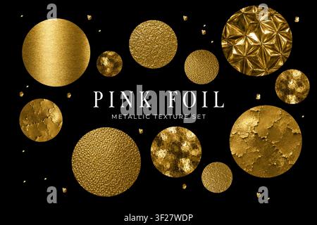 Luxury gold foil metallic texture set with round abstract elements isolated on black background featuring brushed embossed cracked and reflective gold Stock Vector